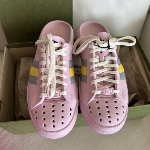 Gucci Pink Mules with Yellow and Gray Stripes - Picture 3 of 8